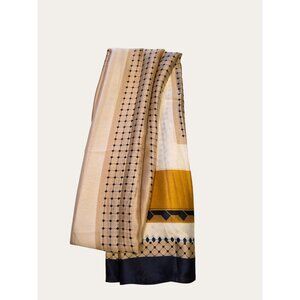 Yellow and Navy Geometric Patterned Scarf with Smooth Drape